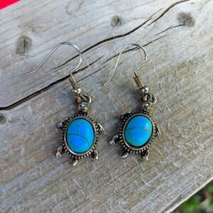 Turquoise Stone and Silver Turtle Earrings